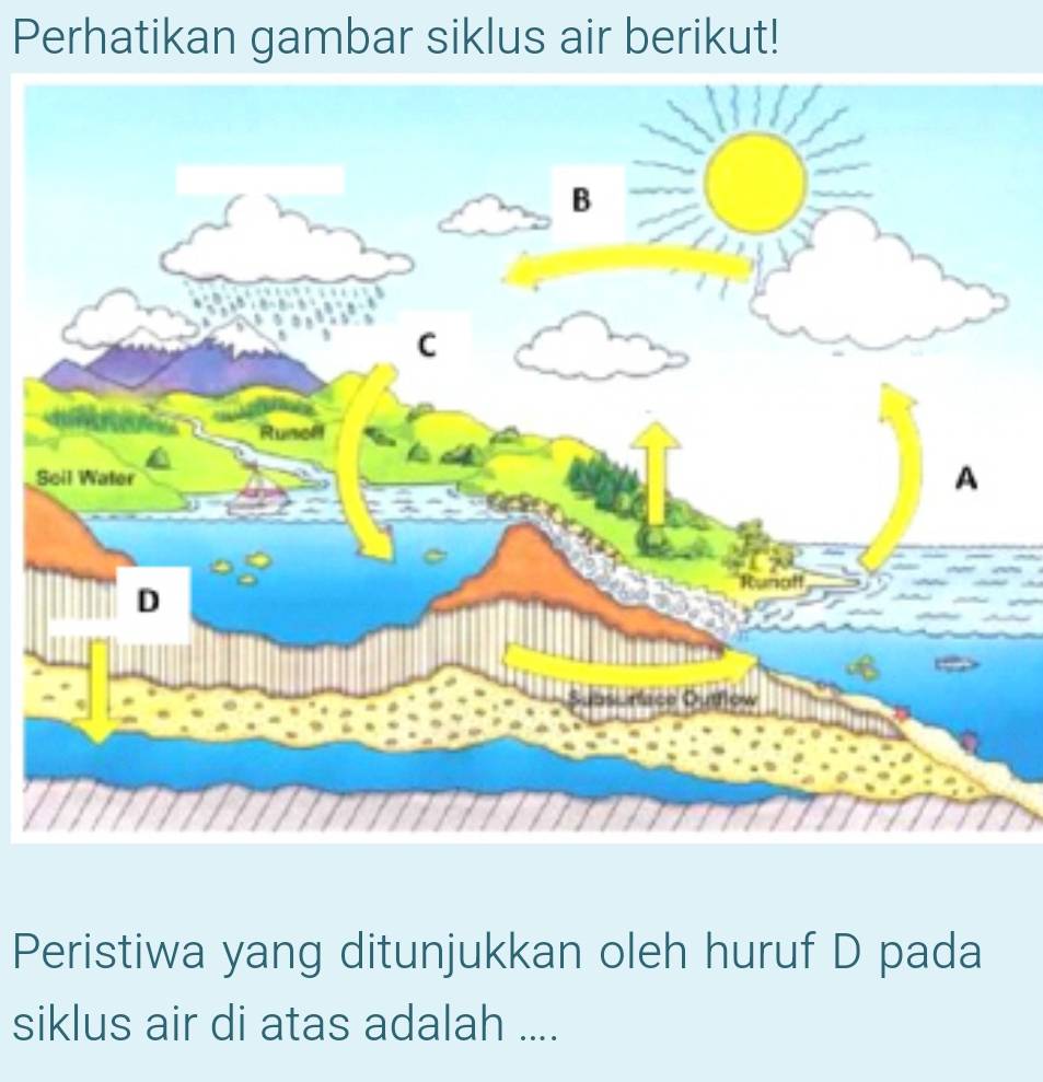 Perhatikan gambar siklus air berikut! 
S 
Peristiwa yang ditunjukkan oleh huruf D pada 
siklus air di atas adalah ....