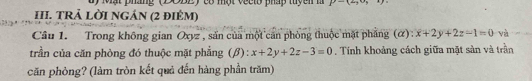 uy Mật pháng (082) có một veeto pháp tuyền h x^2-12
III. TRẢ LỜI NGÁN (2 đIẻM)
Câu 1. Trong không gian Oxyz , sản của một can phòng thuộc mặt pháng (α): x+2y+2z-1=0 và
trần của căn phòng đó thuộc mặt phẳng (β): x+2y+2z-3=0. Tính khoảng cách giữa mặt sản và trần
căn phòng? (làm tròn kết quả đến hàng phần trăm)