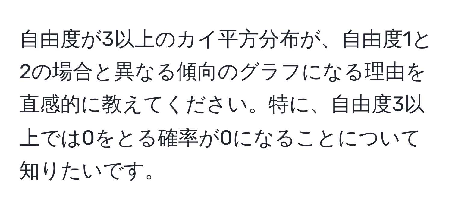 自由度が3以上のカイ平方分布が、自由度1と2の場合と異なる傾向のグラフになる理由を直感的に教えてください。特に、自由度3以上では0をとる確率が0になることについて知りたいです。