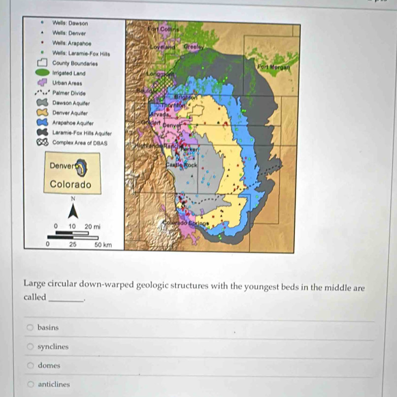 Large circular down-warped geologic structures with the youngest beds in the middle are
called _.
basins
synclines
domes
anticlines