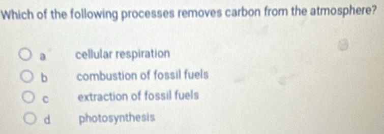 Which of the following processes removes carbon from the atmosphere?
a cellular respiration
b combustion of fossil fuels
C extraction of fossil fuels
d photosynthesis