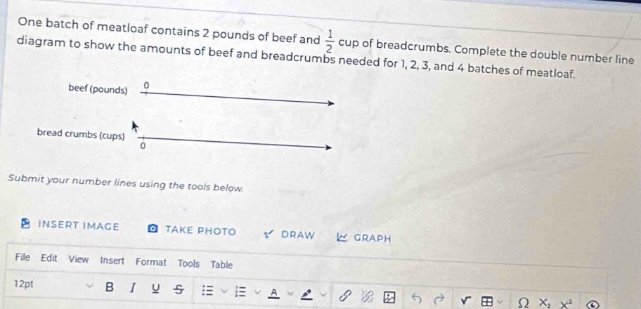 One batch of meatloaf contains 2 pounds of beef and  1/2 cu up of breadcrumbs. Complete the double number line 
diagram to show the amounts of beef and breadcrumbs needed for 1, 2, 3, and 4 batches of meatloaf. 
beef (pounds) 
bread crumbs (cups) 
0 
Submit your number lines using the tools below. 
INSERT IMAGE TAKE PHOTO DRAW ∠ GRApH 
File Edit View Insert Format Tools Table 
12pt B I u 