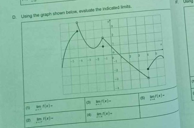 Using 
D. Using the graph hown below, evaluate the indicated limits. 
(1 
(3) limlimits _xto -ff(x)= (5) limlimits _xto 4f(x)=
(1) limlimits _xto -ff(x)=
(4) limlimits _xto -4f(x)=
(2) limlimits _xto 5f(x)=