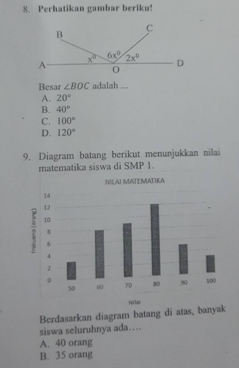 Perhatikan gambar beriku!
Besar ∠ BOC adalah ...
A. 20°
B. 40°
C. 100°
D. 120°
9. Diagram batang berikut menunjukkan nilai
matematika siswa di SMP 1.
Ni
Berdasarkan diagram batang di atas, banyak
siswa seluruhnya ada….
A. 40 orang
B. 35 orang