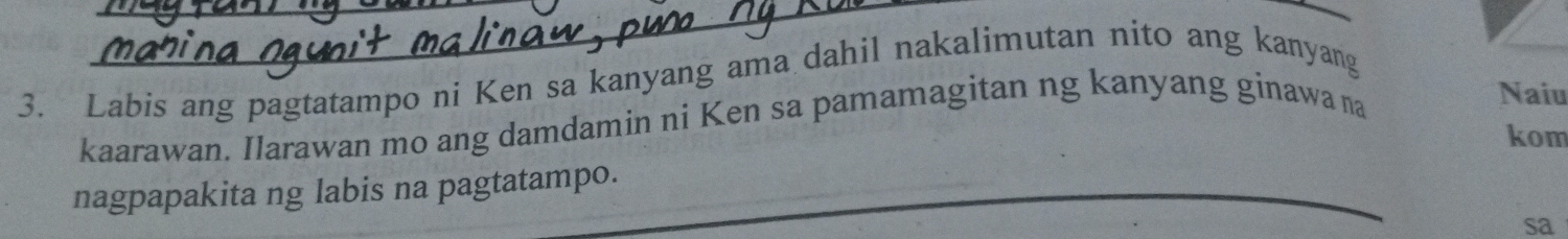 Labis ang pagtatampo ni Ken sa kanyang ama dahil nakalimutan nito ang kanyang 
kaarawan. Ilarawan mo ang damdamin ni Ken sa pamamagitan ng kanyang ginawa na 
Naiu 
kom 
nagpapakita ng labis na pagtatampo. 
sa