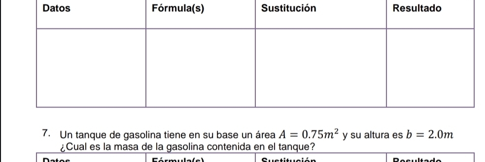 Un tanque de gasolina tiene en su base un área A=0.75m^2 y su altura es b=2.0m
¿Cual es la masa de la gasolina contenida en el tanque? 
Fórmula(c) Suctituci