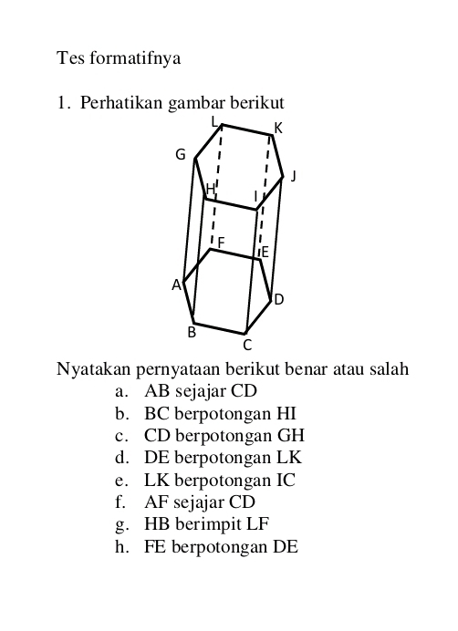 Tes formatifnya
1. Perhatikan gambar berikut
Nyatakan pernyataan berikut benar atau salah
a. AB sejajar CD
b. BC berpotongan HI
c. CD berpotongan GH
d. DE berpotongan LK
e. LK berpotongan IC
f. AF sejajar CD
g. HB berimpit LF
h. FE berpotongan DE