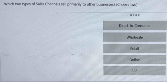 Which two types of Sales Channels sell primarily to other businesses? (Choose two)
Direct-to-Consumer
Wholesale
Retail
Online
B2B