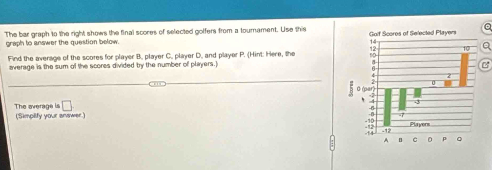 The bar graph to the right shows the final scores of selected golfers from a tournament. Use this 
graph to answer the question below. 
a 
Find the average of the scores for player B, player C, player D, and player P. (Hint: Here, the 
average is the sum of the scores divided by the number of players.) 
The average is □. 
(Simplify your answer.)