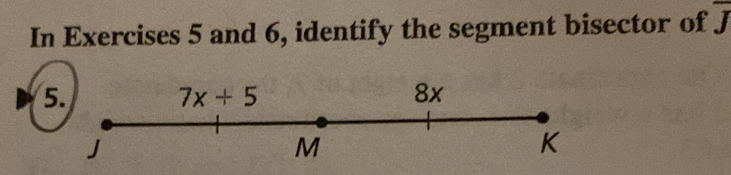 In Exercises 5 and 6, identify the segment bisector of overline J
5
M