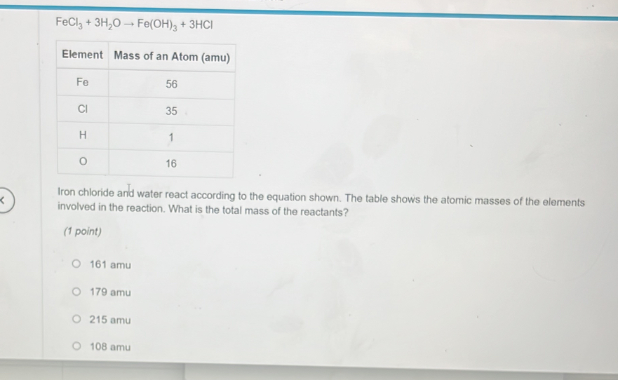 FeCl_3+3H_2Oto Fe(OH)_3+3HCl
Iron chloride and water react according to the equation shown. The table shows the atomic masses of the elements
involved in the reaction. What is the total mass of the reactants?
(1 point)
161 amu
179 amu
215 amu
108 amu