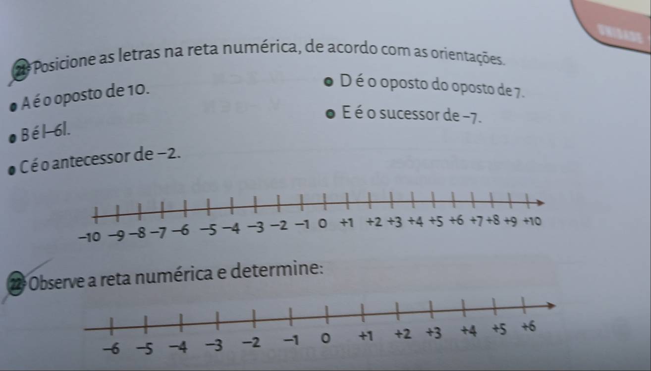 Unidase
2* Posicione as letras na reta numérica, de acordo com as orientações.
A é o oposto de 10.
D é o oposto do oposto de 7.
É é o sucessor de -7.
B é l -6l.
C é o antecessor de −2.
2 Observe a reta numérica e determine: