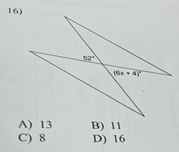 A) 13 B) 11
C) 8 D) 16