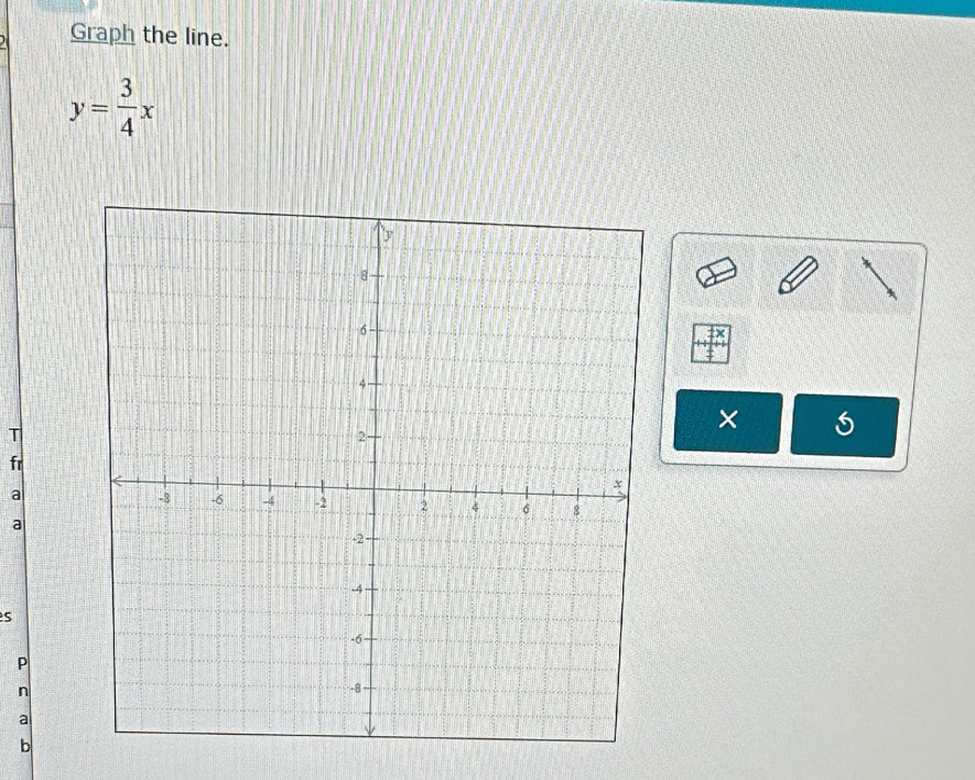 Graph the line.
y= 3/4 x
× 
T 
fr 
a 
a 
s 
P 
n 
a 
b