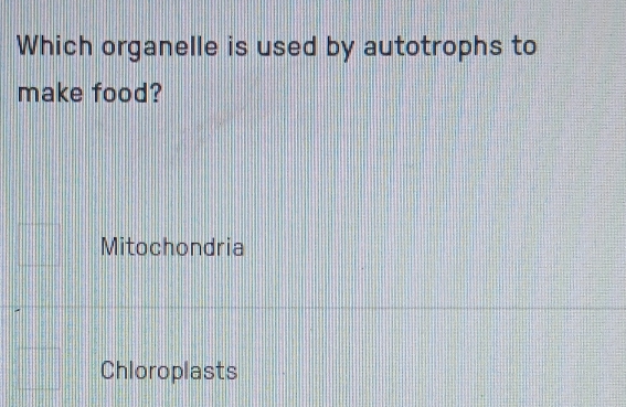 Which organelle is used by autotrophs to
make food?
Mitochondria
Chloroplasts