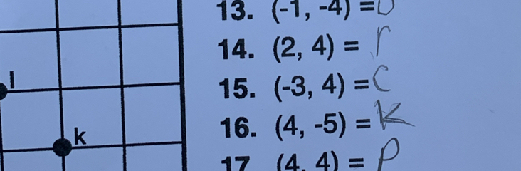 (-1, -4) =0
14. (2,4)=
15. (-3,4)=
k 
16. (4,-5)=
17 (4,4)=
