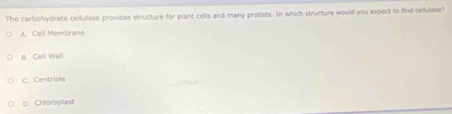 The carbohydrate cellulose provides structure for plant cells and many protists. In which structure would you expect to find cellulose?
A. Cell Membrane
B. Cell Wall
C Centriole
D. Chloroplast