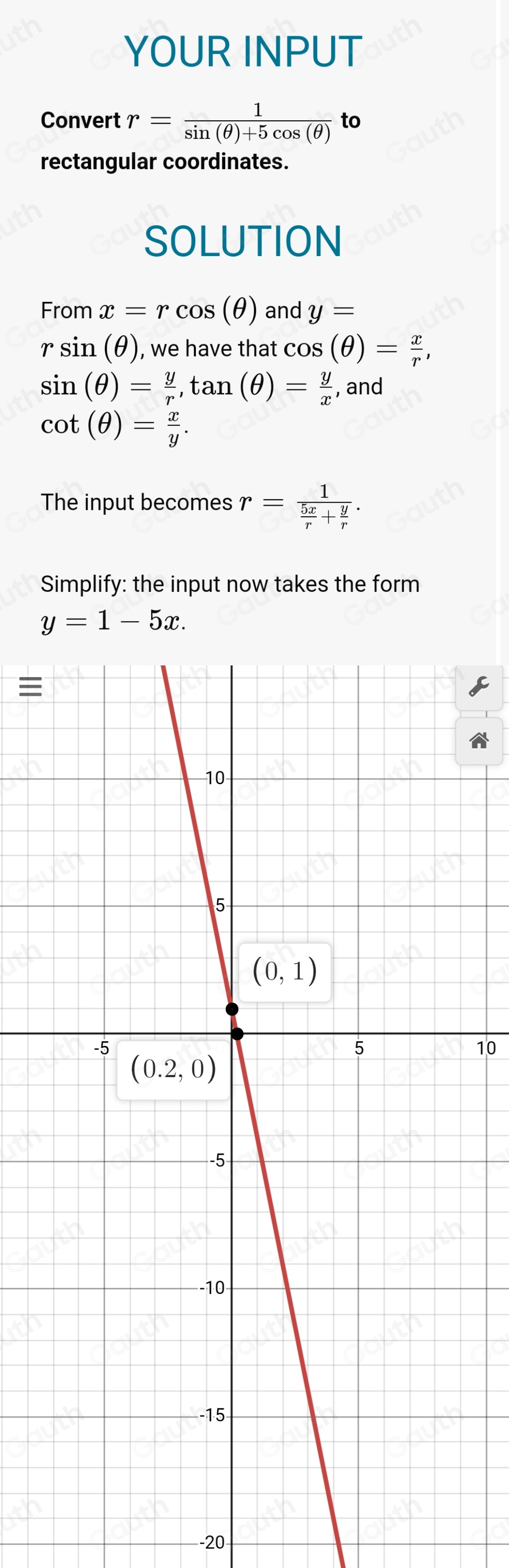 YOUR INPUT 
Convert r= 1/sin (θ )+5cos (θ )  to 
rectangular coordinates. 
SOLUTION 
From x=rcos (θ ) and y=
rsin (θ ) , we have that cos (θ )= x/r ,
sin (θ )= y/r , tan (θ )= y/x  , and
cot (θ )= x/y . 
The input becomes r=frac 1 5x/r + y/r . 
Simplify: the input now takes the form
y=1-5x. 
=
10
-20