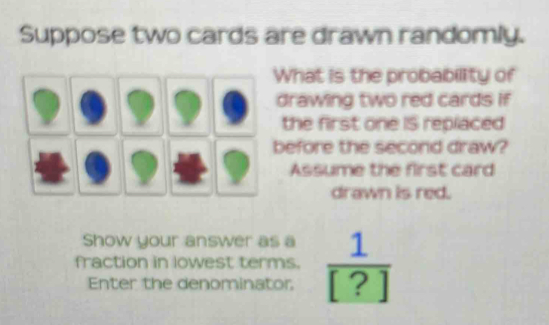 Suppose two cards are drawn randomly. 
What is the probability of 
drawing two red cards if 
the first one IS replaced 
before the second draw? 
Assume the first card 
drawn is red. 
Show your answer as a 
fraction in lowest terms.  1/[?] 
Enter the denominator