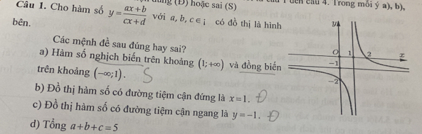 Cho hàm số y= (ax+b)/cx+d  hưừng (Đ) hoặc sai (S) T uển cầu 4. Trong môi ý a), b),
với a, b, c∈ i
bên. có đồ thị là hình
Các mệnh đề sau đúng hay sai?
a) Hàm số nghịch biến trên khoảng (1;+∈fty ) và đồng biến
trên khoảng (-∈fty ;1).
b) Đồ thị hàm số có đường tiệm cận đứng là x=1.
c) Đồ thị hàm số có đường tiệm cận ngang là y=-1.
d) Tổng a+b+c=5