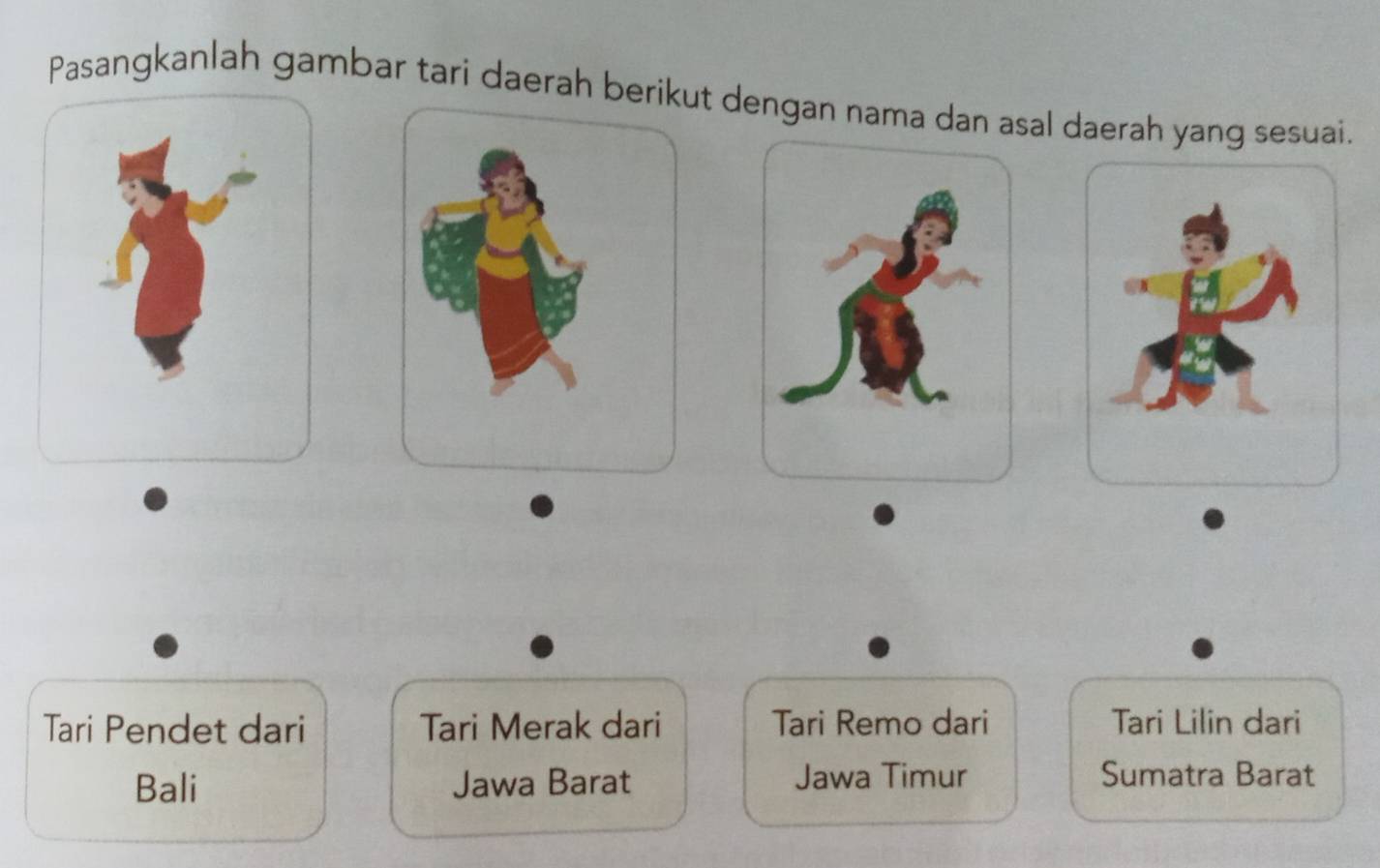 Pasangkanlah gambar tari daerah berikt dengan nama dan asal daerah yang sesuai. 
Tari Pendet dari Tari Merak dari Tari Remo dari Tari Lilin dari 
Bali Jawa Barat Jawa Timur Sumatra Barat