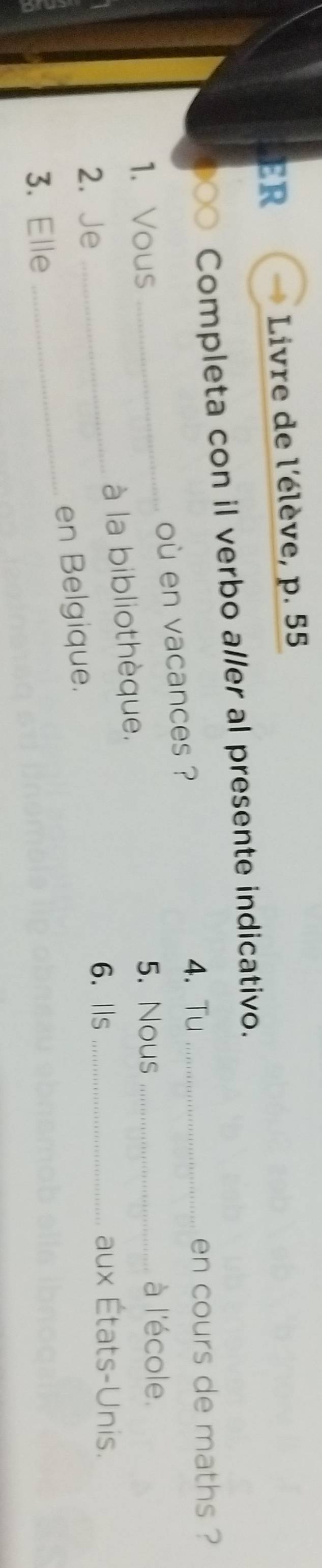 LER Livre de l'élève, p. 55
Completa con il verbo aller al presente indicativo. 
1. Vous _où en vacances ? 
4. Tu _en cours de maths ? 
5. Nous _à l'école. 
2. Je _à la bibliothèque. 
6. Is _aux États-Unis. 
3. Elle _en Belgique.