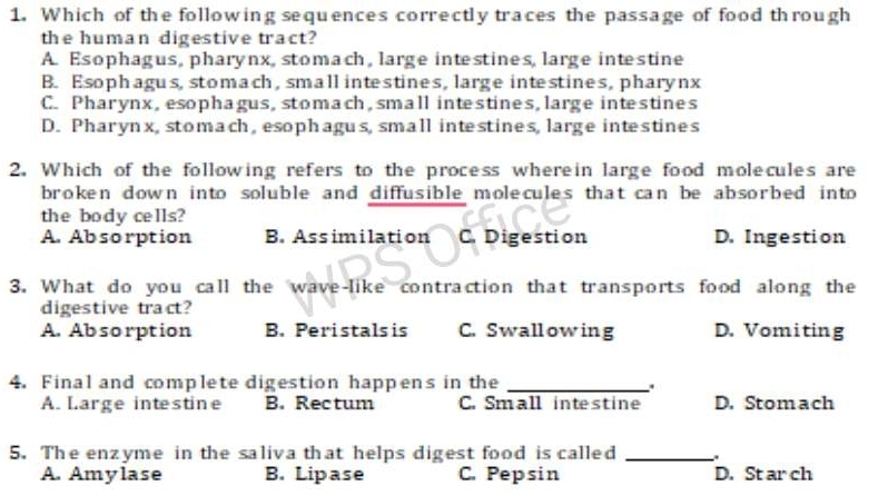 Which of the following sequences correctly traces the passage of food through
the human digestive tract?
A. Esophagus, pharynx, stomach, large intestines, large intestine
B. Esophagus, stomach, small intestines, large intestines, pharynx
C. Pharynx, esophagus, stomach, small intestines, large intestines
D. Pharynx, stomach, esophagus, small intestines, large intestines
2. Which of the following refers to the process wherein large food molecules are
broken down into soluble and diffusible molecules that can be absorbed into 
the body cells?
A. Absorption B. Assimilation C. Digestion D. Ingestion
3. What do you call the wave-like contraction that transports food along the
digestive tract?
A. Absorption B. Peristals is C. Swallowing D. Vomiting
4. Final and complete digestion happens in the _.
A. Large intestine B. Rectum C. Small intestine D. Stomach
5. The enzyme in the saliva that helps digest food is called_
A. Amylase B. Lipase C. Pepsin D. St ar ch