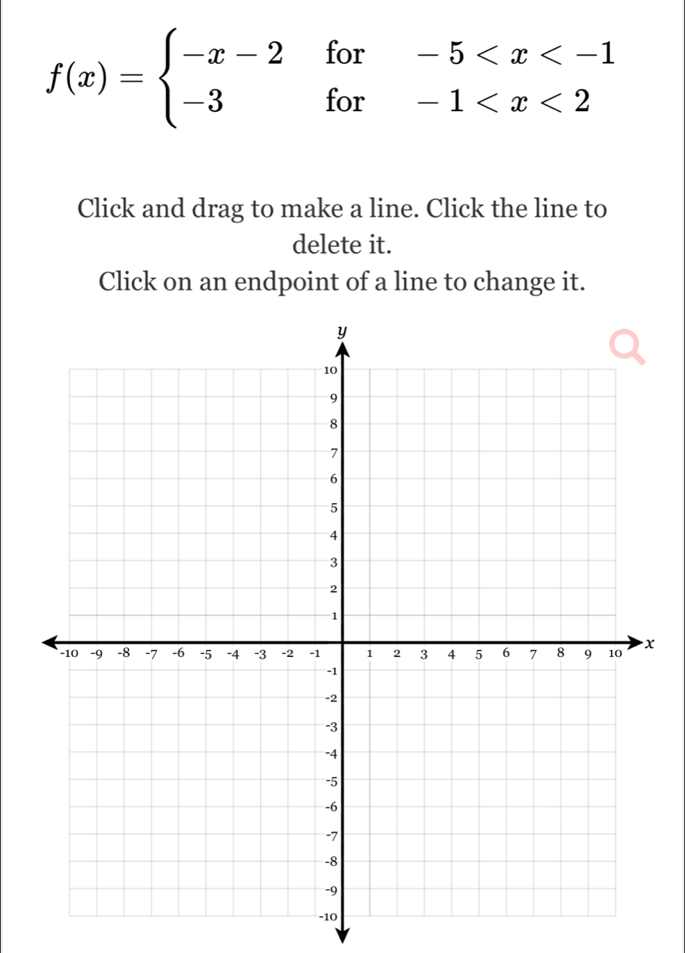 f(x)=beginarrayl -x-2for-5
Click and drag to make a line. Click the line to 
delete it. 
Click on an endpoint of a line to change it.