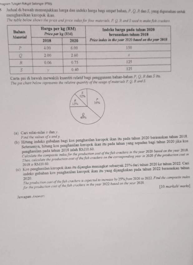 Program Tuisyen Rokyot Sølangor (PTRS) 
Jadual di bawah menunjukkan harga dan indeks harga bagi empat bahan. P. Q, R dan 5, yang digunakan untuk 
menghasilkan keropok ikan. 
The table below shows the price and price index for four materials, P. Q. R and S used to make fish crackers 
Carta pai di bawah mewakili kuantiti relatif bagi penggunaan bahan-bahan P, Q, R dan S
The pie chart below represents the relative quantity of the usage of materials P. Q. R and S.
s
12%
R
μ
13% 35%

(a) Cari nilai-nilai v dan v. 
Find the valnes of x and y
(b) Hitung indeks gubahan bagi kos penghasilan keropok ikan itu pada tahun 2020 berasaskan tahun 2018. 
Seterusnya, hitung kos penghasilan keropok ikan itu pada tahun yang sepadan bagi tahun 2020 jika kos 
penghasilan pada tahun 2018 ialah RM10.60. 
Calculate the composite index for the production cost of the fish crackers in the year 2020 based on the year 2018 
Then, calculate the production cost of the fish crackers on the corresponding year in 2020 if the production cost in
2018 ω RM10 60. 
(c) Kos penghasilan keropok ikan itu dijangka meningkat sebanyak 25% dari tahun 2020 ke tahun 2022. Cari 
indeks gubahan kos penghasilan keropok ikan itu yang dijangkakan pada tahun 2022 berasaskan tahun 
2020. 
The production cost of the fish crackers is expected to increase by 25% from 2020 to 2022. Find the composite index 
for the production cost of the fish crackers in the year 2022 based on the year 2020. 
[10 markalv marks] 
Jawapan Answer: