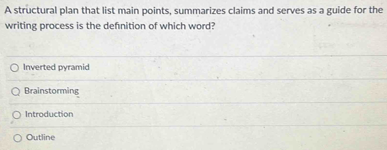 A structural plan that list main points, summarizes claims and serves as a guide for the
writing process is the defnition of which word?
Inverted pyramid
Brainstorming
Introduction
Outline