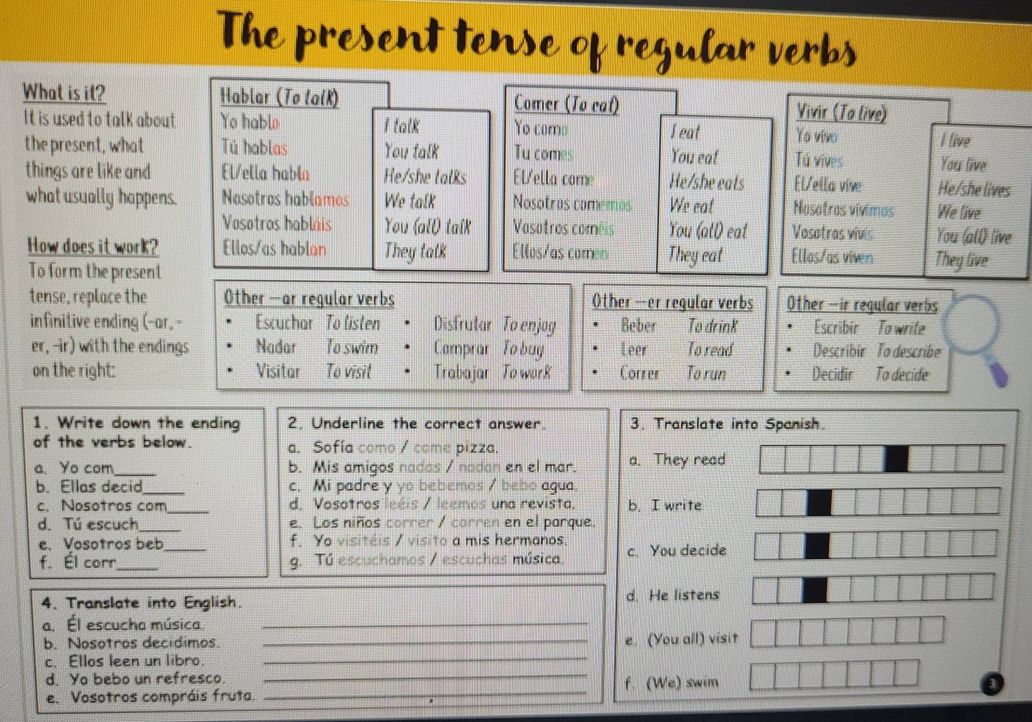 The present tense of regular verbs
What is it? Hablar (To lalk) Comer (To eal) Vivir (To live)
It is used to talk about Yo hable I talk Yo como
L eat Yo vivo I live
the present, what Tū hablas You talk Tu comes You live
You eat Tú vives
things are like and El/ella habla He/she talks Elella come He/she eats Elella vive He/she lives
what usually happens. Nasotros hablamos We talk Nosotros comemos We eat Nasatras vivimos We live
Vosotros habláis You (al) talk Vasatros coméis You (all) eat Vosatros vivis You (all) live
How does it work? Ellos/as hablan They talk Ellos/as coren They eat Ellas/as viven They live
To form the present
tense, replace the Other —ar regular verbs ()ther —er regular verbs Other --ir regular verbs
infinitive ending (-ar. - Escuchar To listen Disfrutar To enjoy Beber To drink Escribir Ta write
er, -ir) with the endings. Nadar  To swim Camprar  Tobuyg Leer To read Describir  To describe
on the right: Visitar To visit Trabajar To work Correr To run Decidir To decide
1. Write down the ending 2. Underline the correct answer. 3. Translate into Spanish.
of the verbs below a. Sofía como / come pizza.
a. Yo com _b. Mis amigos nadas / nadan en el mar. a. They read
b. Ellas decid_ c, Mi padre y yo bebemos / bebo agua.
c. Nosotros com_ d. Vosotros leéis / leemos una revista. b. I write
d. Tú escuch_ e. Los niños correr / carren en el parque.
e. Vosotros beb f. Yo visitéis / visito a mis hermanos.
f. Él corr_ _g. Tú escuchamos / escuchas música. c. You decide
4. Translate into English
d. He listens
a. Él escucha música._
b. Nosotros decídimos. _e. (You all) visit
c. Ellos leen un libro._
d. Yo bebo un refresco_
e. Vosotros compráis fruta. _f. (We) swim