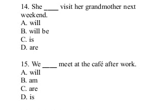 She _visit her grandmother next
weekend.
A. will
B. will be
C. is
D. are
15. We _meet at the café after work.
A. will
B. am
C. are
D. is