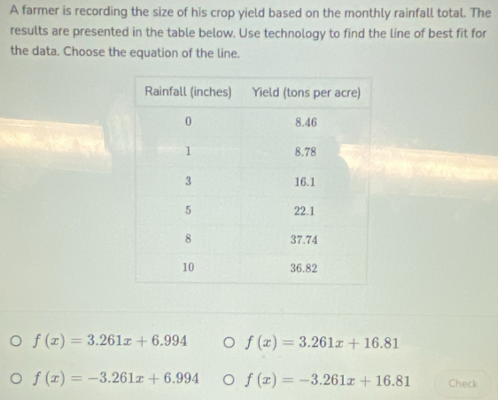 A farmer is recording the size of his crop yield based on the monthly rainfall total. The
results are presented in the table below. Use technology to find the line of best fit for
the data. Choose the equation of the line.
f(x)=3.261x+6.994 f(x)=3.261x+16.81
f(x)=-3.261x+6.994 f(x)=-3.261x+16.81 Check