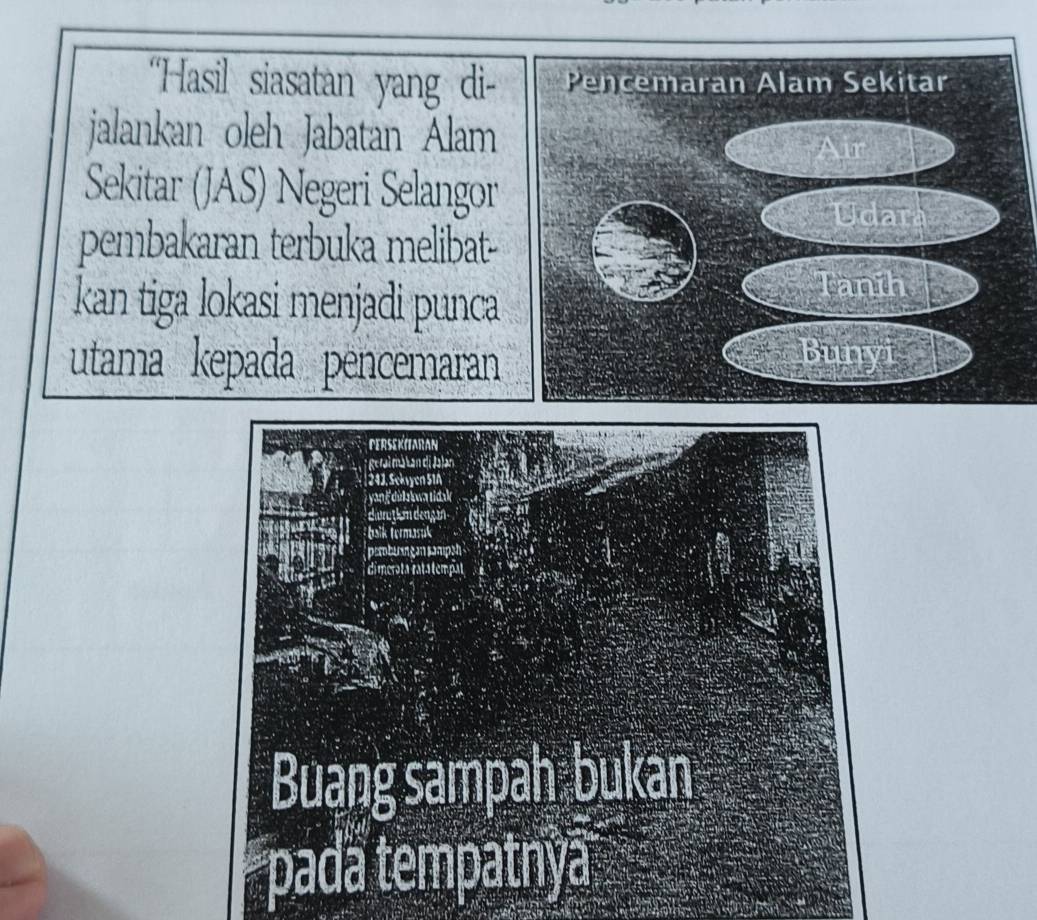 'Hasil siasatan yang di- 
jalankan oleh Jabatan Alam 
Sekitar (JAS) Negeri Selangor 
pembakaran terbuka melibat 
kan tiga lokasi menjadi punca 
utama kepada pencemaran 
pada tempatnyā