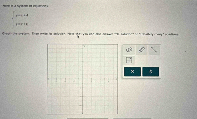 Here is a system of equations.
beginarrayl y=x+4 y=x+6endarray.
Graph the system. Then write its solution. Note that you can also answer "No solution" or "Infinitely many" solutions. 
×