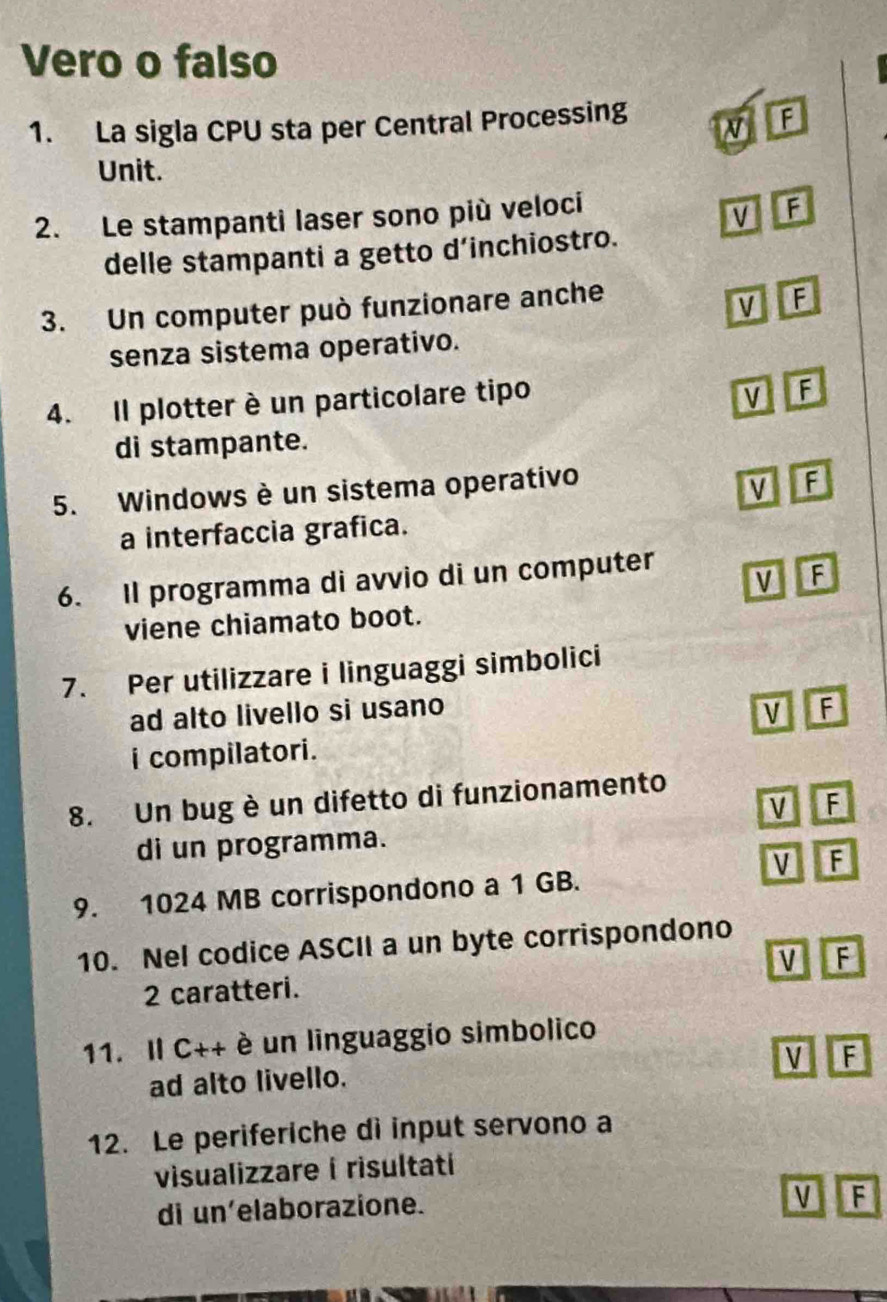 Vero o falso
1. La sigla CPU sta per Central Processing N F
Unit.
2. Le stampanti laser sono più veloci
V E
delle stampanti a getto d’inchiostro.
3. Un computer può funzionare anche
F
senza sistema operativo.
4. Il plotter è un particolare tipo V F
di stampante.
5. Windows è un sistema operativo
V
a interfaccia grafica.
6. Il programma di avvio di un computer
V F
viene chiamato boot.
7. Per utilizzare i linguaggi simbolici
ad alto livello si usano V F
i compilatori.
8. Un bug è un difetto di funzionamento
V F
di un programma.
V F
9. 1024 MB corrispondono a 1 GB.
10. Nel codice ASCII a un byte corrispondono
V
2 caratteri. F
11. Il C++ è un linguaggio simbolico
M F
ad alto livello.
12. Le periferiche dì input servono a
visualizzare i risultatí
di un'elaborazione.
M F