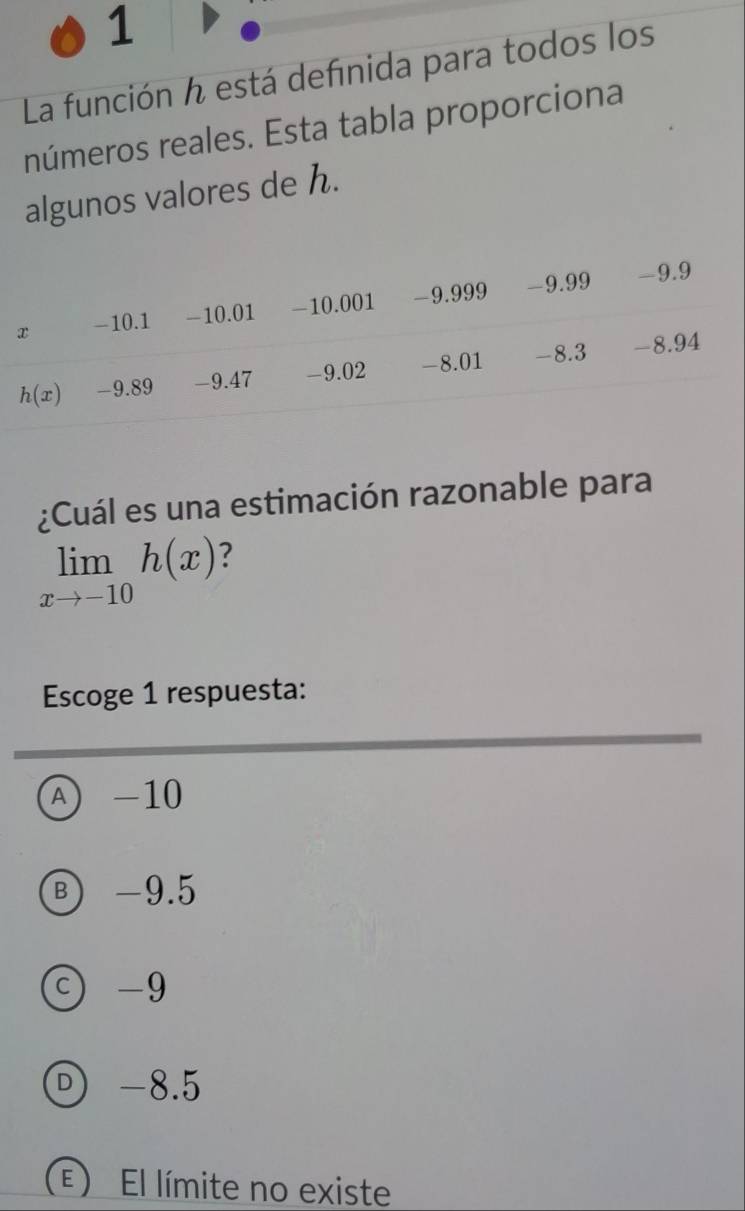 La función h está definida para todos los
números reales. Esta tabla proporciona
algunos valores de h.
¿Cuál es una estimación razonable para
limlimits _xto -10h(x)
Escoge 1 respuesta:
A -10
Ⓑ -9.5
ⓒ -9
-8.5
(E) El límite no existe