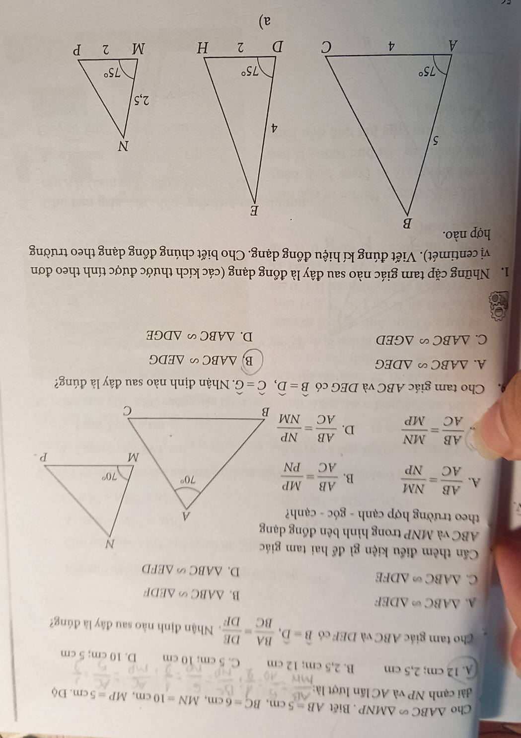 Cho △ ABC∽ △ MNP. Biết
dài cạnh NP và AC lần lượt là: AB=5cm,BC=6cm,MN=10cm,MP=5cm.Dhat Q
A. 12 cm; 2,5 cm B. 2,5 cm; 12 cm C. 5 cm; 10 cm D. 10 cm; 5 cm
Cho tam giác ABC và DEF có widehat B=widehat D, BA/BC = DE/DF .Nhận định nào sau đây là đúng?
A. △ ABC∽ △ DEF
B. △ ABC∽ △ EDF
C. △ ABC∽ △ DFE D. △ ABC∽ △ EFD
Cần thêm điều kiện gì để hai tam giác
ABC và MNP trong hình bên đồng dạng
theo trường hợp cạnh - góc - cạnh?
A.  AB/AC = NM/NP  B.  AB/AC = MP/PN 
 AB/AC = MN/MP  D.  AB/AC = NP/NM 
Cho tam giác ABC và DEG có hat B=hat D,hat C=hat G 7. Nhận định nào sau đây là đúng?
A. △ ABC∽ △ DEG
B. △ ABC∽ △ EDG
C. △ ABC∽ △ GED
D. △ ABC∽ △ DGE
1. Những cặp tam giác nào sau đây là đồng dạng (các kích thước được tính theo đơn
vị centimét). Viết đúng kí hiệu đồng dạng. Cho biết chúng đồng dạng theo trường
  
a)