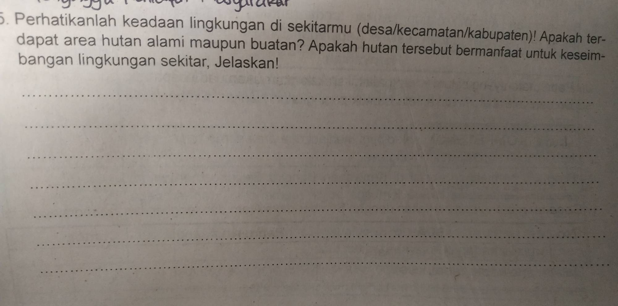 Perhatikanlah keadaan lingkungan di sekitarmu (desa/kecamatan/kabupaten)! Apakah ter- 
dapat area hutan alami maupun buatan? Apakah hutan tersebut bermanfaat untuk keseim- 
bangan lingkungan sekitar, Jelaskan! 
_ 
_ 
_ 
_ 
_ 
_ 
_