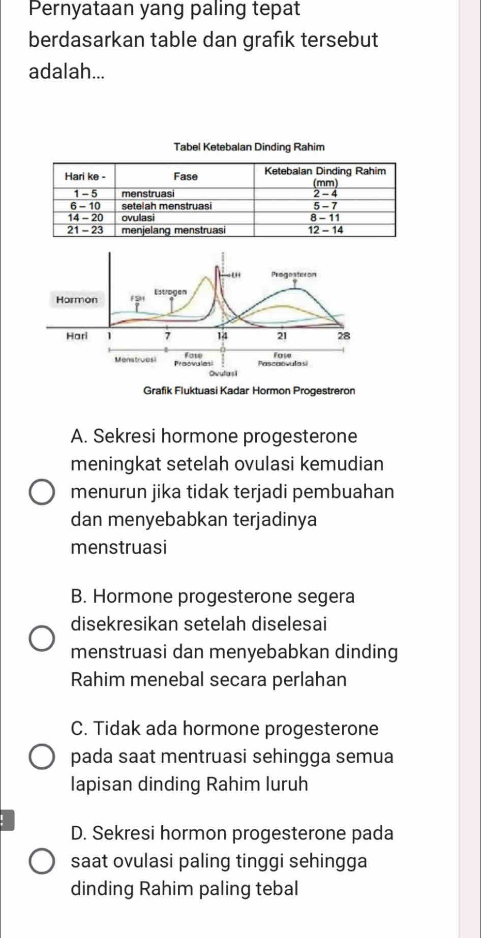 Pernyataan yang paling tepat
berdasarkan table dan grafık tersebut
adalah...
'' Progesteron
Hormon FSH Estrogen
Hari 1 7 14 21 28
Fase fase
Menstrues Proovalesi Pascaovulasi
Ovulasi
Grafik Fluktuasi Kadar Hormon Progestreron
A. Sekresi hormone progesterone
meningkat setelah ovulasi kemudian
menurun jika tidak terjadi pembuahan
dan menyebabkan terjadinya
menstruasi
B. Hormone progesterone segera
disekresikan setelah diselesai
menstruasi dan menyebabkan dinding
Rahim menebal secara perlahan
C. Tidak ada hormone progesterone
pada saat mentruasi sehingga semua
lapisan dinding Rahim luruh
D. Sekresi hormon progesterone pada
saat ovulasi paling tinggi sehingga
dinding Rahim paling tebal