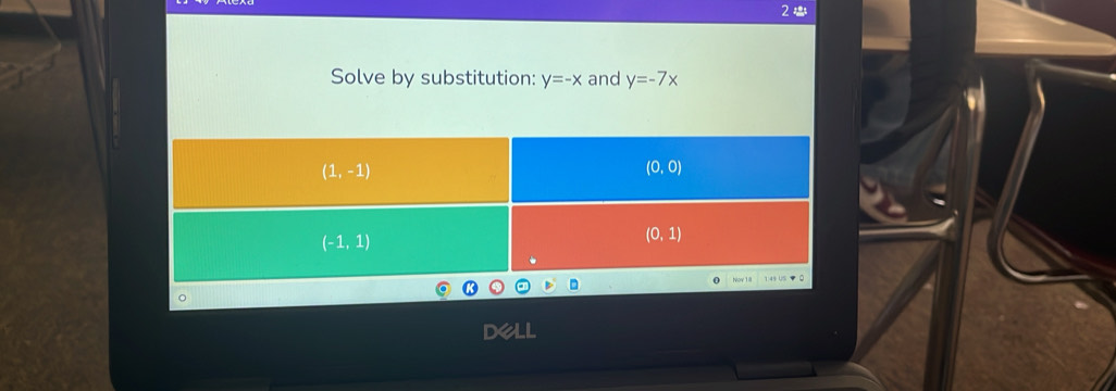 Solve by substitution: y=-x and y=-7x
dell