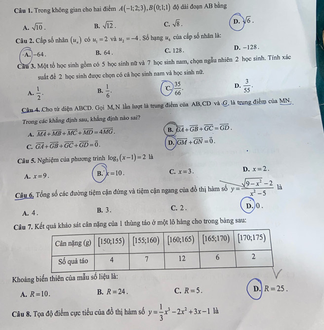 Trong không gian cho hai điểm A(-1;2;3),B(0;1;1) độ dài đoạn AB bằng
A. sqrt(10). B. sqrt(12). C. sqrt(8). D. sqrt(6).
Câu 2. Cấp số nhân (u_n) có u_1=2 và u_2=-4. Số hạng u_6 của cấp số nhân là:
A. -64. B. 64 . C. 128 . D. -128 .
Câu 3. Một tổ học sinh gồm có 5 học sinh nữ và 7 học sinh nam, chọn ngẫu nhiên 2 học sinh. Tính xác
suất để 2 học sinh được chọn có cả học sinh nam và học sinh nữ.
A.  1/2 .  1/6 .  35/66 . D.  3/55 .
B.
C.
Câu 4. Cho tứ diện ABCD. Gọi M, N lần lượt là trung điểm của AB,CD và G. là trung điểm của MN.
Trong các khẳng định sau, khẳng định nào sai?
A. overline MA+overline MB+overline MC+overline MD=4overline MG.
B. overline GA+overline GB+overline GC=overline GD.
C. vector GA+vector GB+vector GC+vector GD=vector 0.
D. vector GM+vector GN=vector 0.
Câu 5. Nghiệm của phương trình log _3(x-1)=2 là
A. x=9. B. x=10. C. x=3. D. x=2.
Câu 6, Tổng số các đường tiệm cận đứng và tiệm cận ngang của do thị hàm số y= (sqrt(9-x^2)-2)/x^2-5  là
C. 2 .
A. 4 . B. 3 . D. 0 .
Câu 7.Kết quả khảo sát cân nặng của 1 thùng táo ở một lô hàng cho trong bảng sau:
Khoảng biến thiên của mẫu số liệu là:
A. R=10. B. R=24. C. R=5. D. R=25.
Câu 8. Tọa độ điểm cực tiểu của đồ thị hàm số y= 1/3 x^3-2x^2+3x-1 là