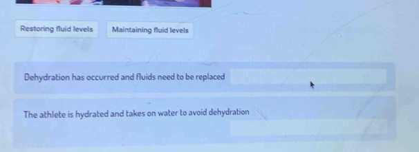 Restoring fluid levels Maintaining fluid levels 
Dehydration has occurred and fluids need to be replaced 
The athlete is hydrated and takes on water to avoid dehydration