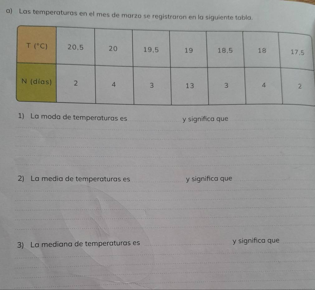 Las temperaturas en el mes de marzo se registraron en la siguiente tabla.
1) La moda de temperaturas es_
y significa que_
_
_
_
_
_
2) La media de temperaturas es _y significa que_
_
_
_
_
_
_
3) La mediana de temperaturas es _y significa que_
_
_
_