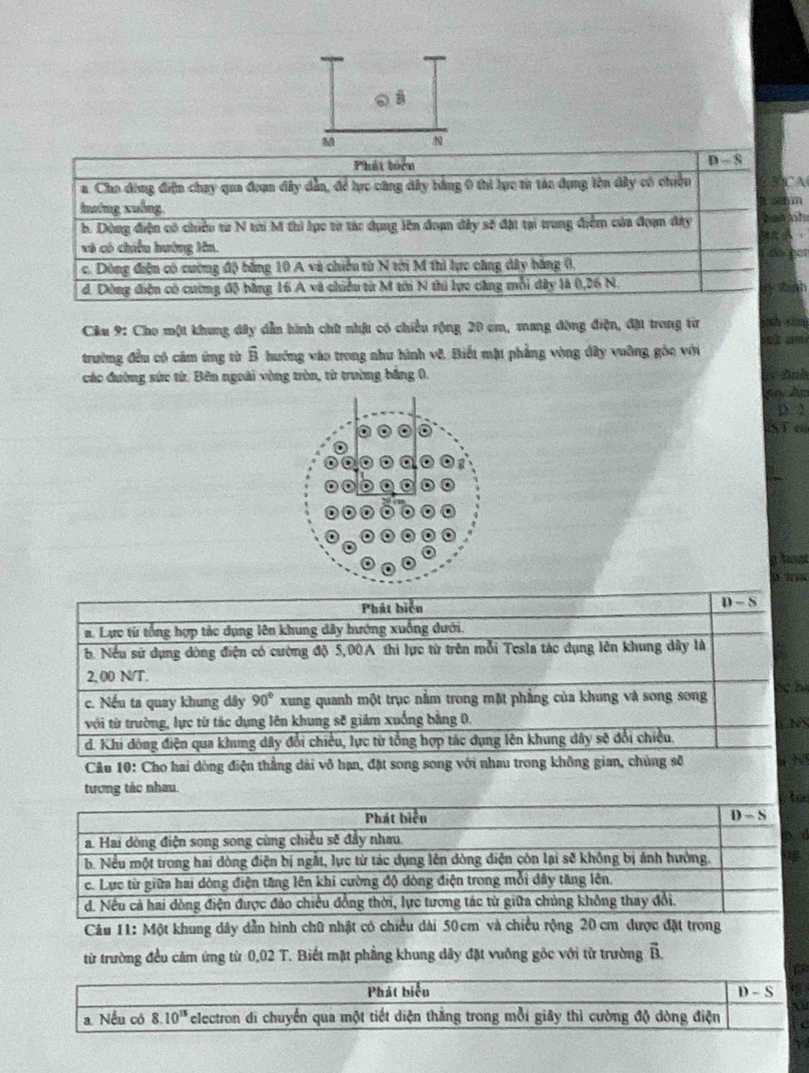 Cho một khung đây dẫn hình chữ nhật có chiều rộng 20 cm, mang động điện, đặt trong từ   d     
trường đều có câm ứng từ overline B hướng vào trong nhu hình vệ. Biết mặt phẳng vòng đây vuỡng gỏo với
các đường sức từ. Bên ngoài vòng tròn, từ trường bằng 0. Anh
D 2
Te
a boot
Phát biển D -S
a. Lực từ tổng hợp tác dụng lên khung dây hướng xuống dưới.
b. Nếu sử dụng dòng điện có cường độ 5,00A thi lực từ trên mỗi Tesla tác dụng lên khung đây là
2, 00 N/T.
c. Nếu ta quay khung dây 90° xung quanh một trục nằm trong mặt phẳng của khung và song song hợ hã
với từ trường, lực từ tác dụng lên khung sẽ giảm xuống bằng 0. N
d. Khi dòng điện qua khung dây đổi chiều, lực từ tổng hợp tác dụng lên khung dây sẽ đổi chiều.
Câu 10: Cho hai dòng điện thẳng dài vô hạn, đặt song song với nhau trong không gian, chúng số
tương tác nhau.
d
Câu 11: Một khung dây dẫn hình chữ nhật có chiều dài 50 cm và chiều rộng 20 cm được đặt trong
từ trường đều cảm ứng từ 0,02 T. Biết mặt phẳng khung dây đặt vuỡng gốc với từ trường B.
Phát biểu D - S 
     
a. Nếu cô 8 10^(15) electron di chuyến qua một tiết diện thắng trong mỗi giây thì cường độ dòng điện