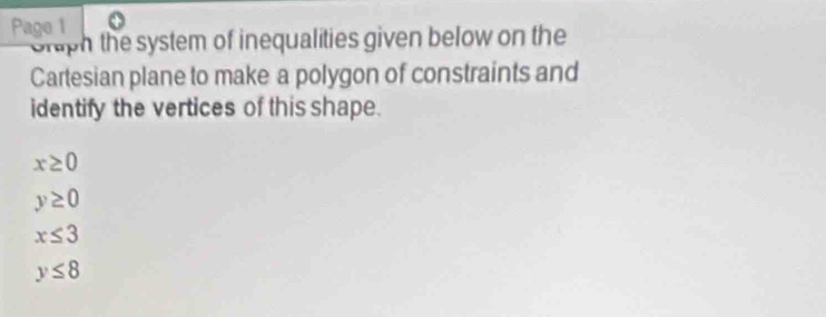 Page 1
Staph the system of inequalities given below on the
Cartesian plane to make a polygon of constraints and
identify the vertices of this shape.
x≥ 0
y≥ 0
x≤ 3
y≤ 8