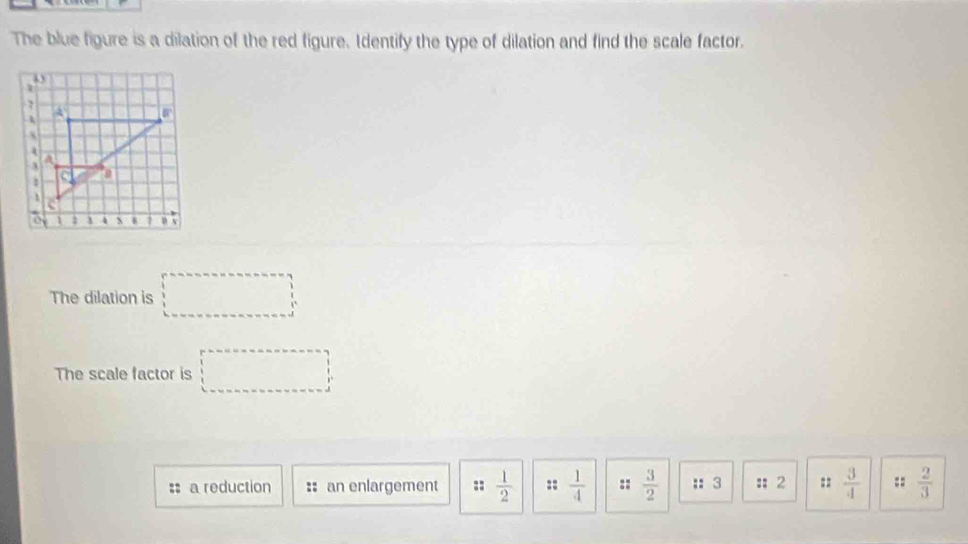 The blue figure is a dilation of the red figure. Identify the type of dilation and find the scale factor. 
The dilation is □ 
The scale factor is □ 
: a reduction : an enlargement ::  1/2  ::  1/4  ::  3/2  :: 3 : 2 :  3/4  =:  2/3 