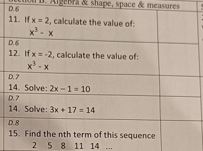 ol B. Algebra & shape, space & measures
2 5 8 11 14 ...