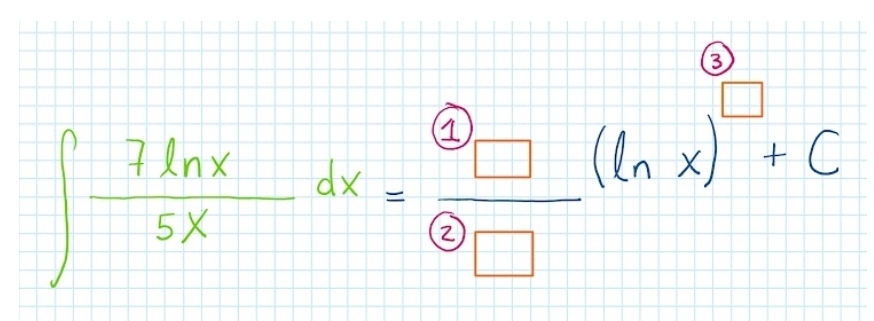 ∈t  7ln x/5x dx=frac boxed 2boxed 2x)^(ln x)+C