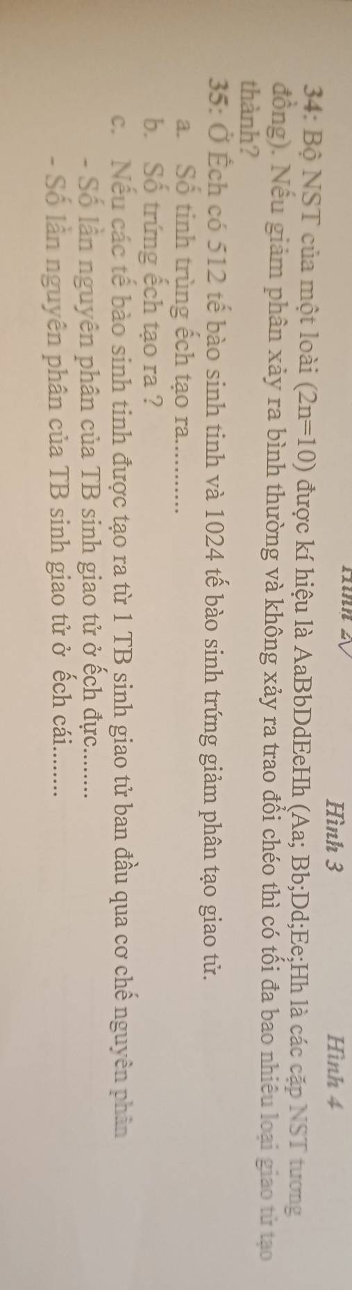 Hình 3 Hình 4 
34: Bộ NST của một loài (2n=10) được kí hiệu là AaBbDdEeHh (Aa; Bb; Dd; Ee;Hh là các cặp NST tương 
đồng). Nếu giảm phân xảy ra bình thường và không xảy ra trao đổi chéo thì có tối đa bao nhiêu loại giao từ tạo 
thành? 
35: Ở Ếch có 512 tế bào sinh tinh và 1024 tế bào sinh trứng giảm phân tạo giao tử. 
a. Số tinh trùng ếch tạo ra. .......... 
b. Số trứng ếch tạo ra ? 
c. Nếu các tế bào sinh tinh được tạo ra từ 1 TB sinh giao tử ban đầu qua cơ chế nguyên phân 
- Số lần nguyên phân của TB sinh giao tử ở ếch đực......... 
- Số lần nguyên phân của TB sinh giao tử ở ếẾch cái.........